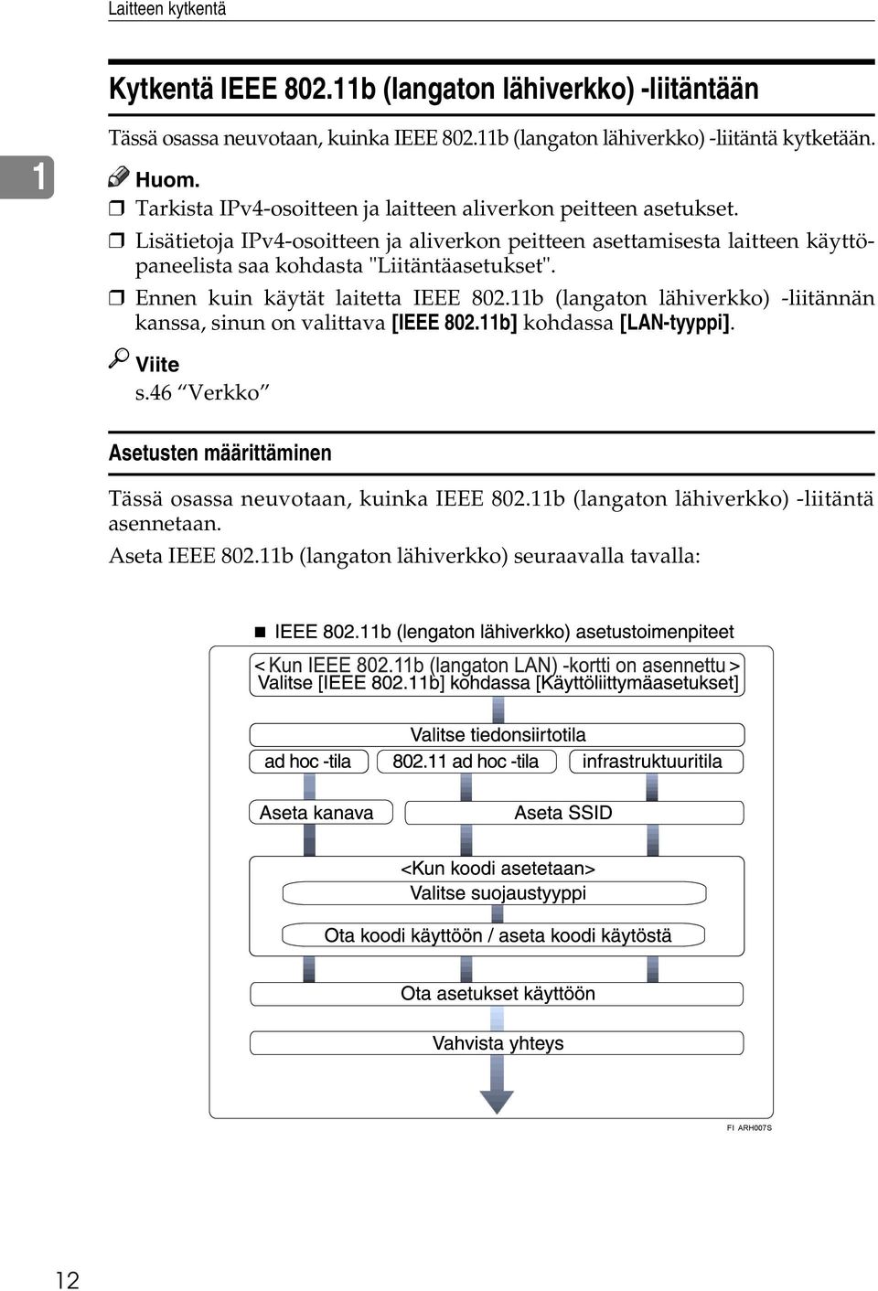 Lisätietoja IPv4-osoitteen ja aliverkon peitteen asettamisesta laitteen käyttöpaneelista saa kohdasta "Liitäntäasetukset". Ennen kuin käytät laitetta IEEE 802.