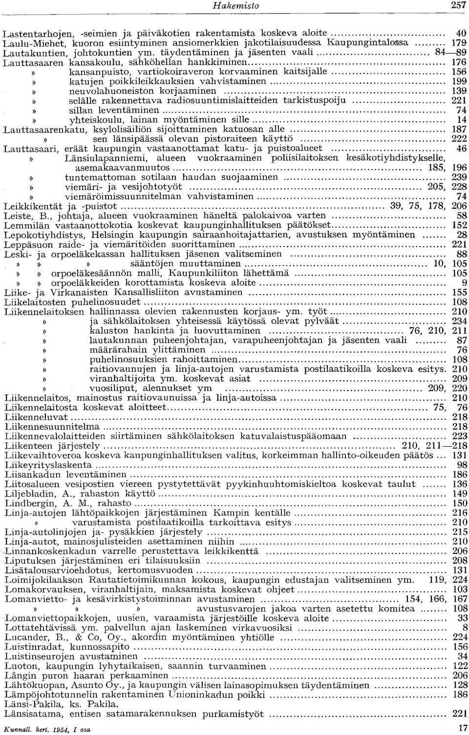 199» neuvolahuoneiston korjaaminen 139» selälle rakennettava radiosuuntimislaitteiden tarkistuspoiju 221» sillan leventäminen 74» yhteiskoulu, lainan myöntäminen sille 14 Lauttasaarenkatu,