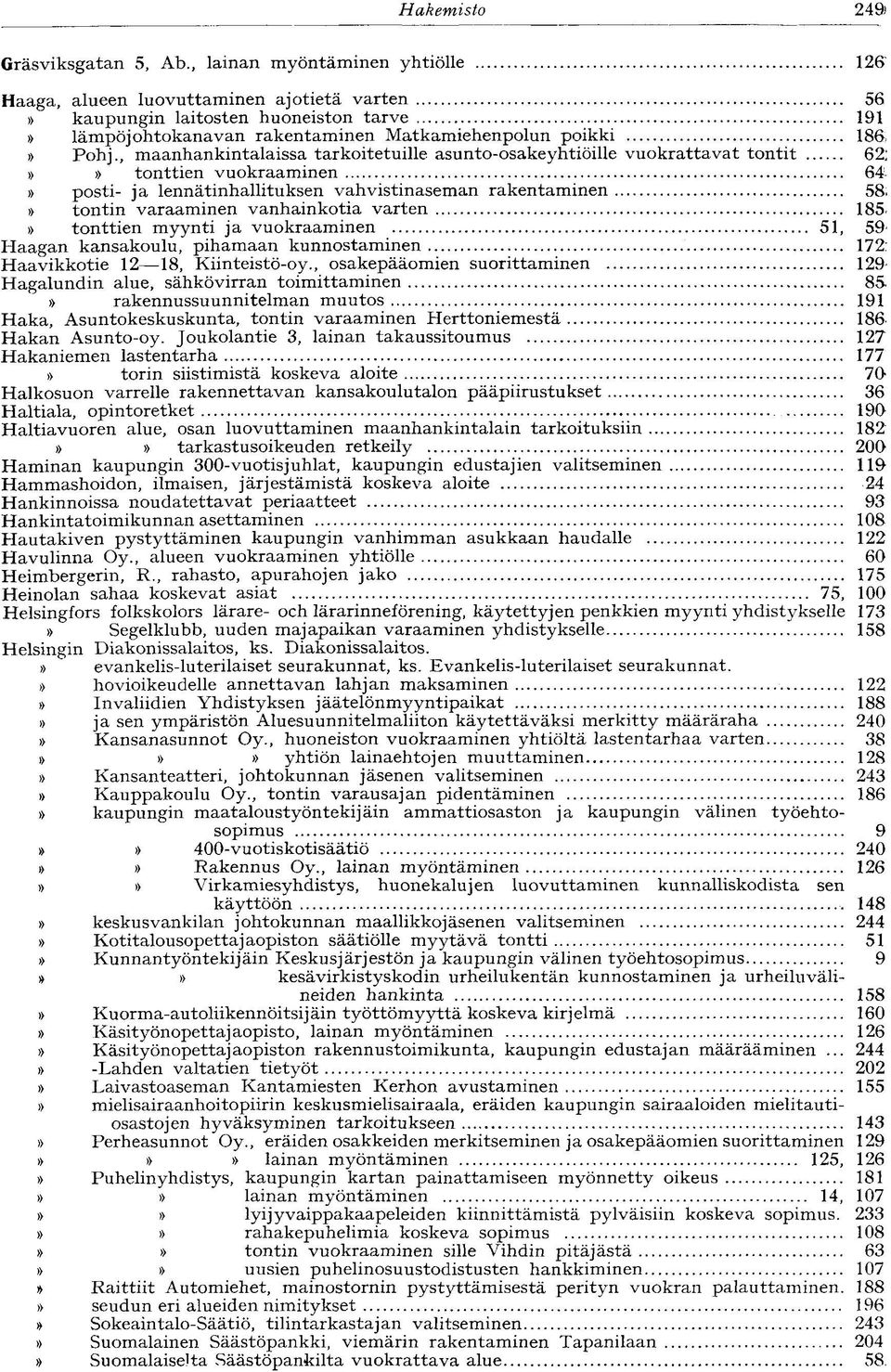, maanhankintalaissa tarkoitetuille asunto-osakeyhtiöille vuokrattavat tontit 62;»» tonttien vuokraaminen 64» posti- ja lennätinhallituksen vahvistinaseman rakentaminen 58;» tontin varaaminen