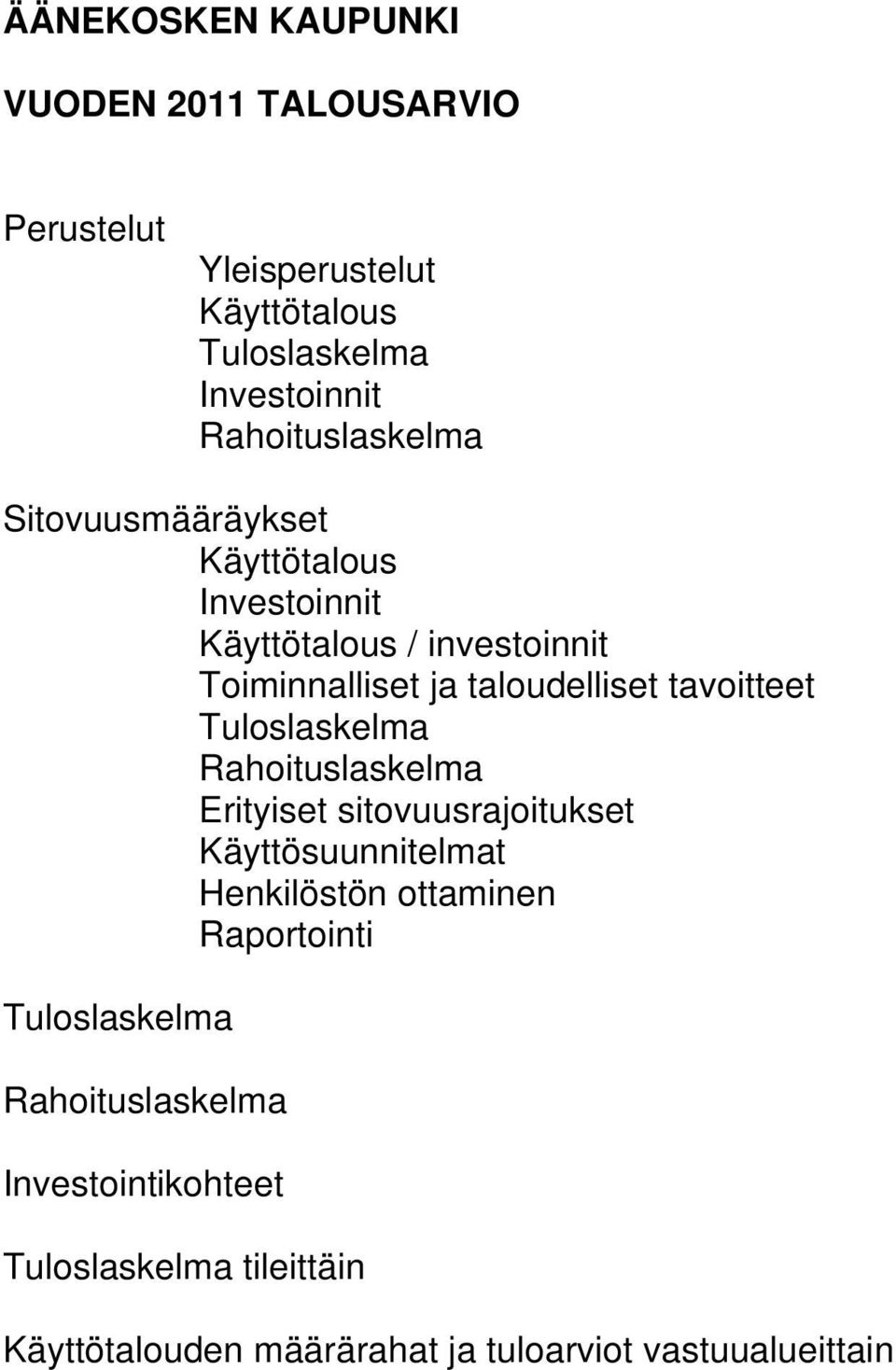 tavoitteet Tuloslaskelma Rahoituslaskelma Erityiset sitovuusrajoitukset Käyttösuunnitelmat Henkilöstön ottaminen