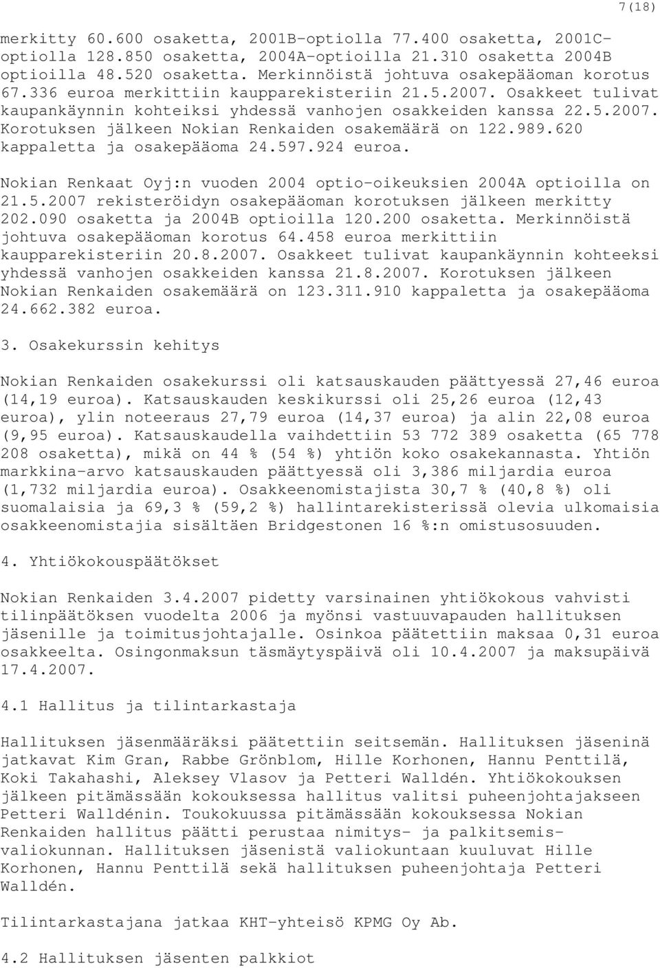 989.620 kappaletta ja osakepääoma 24.597.924 euroa. Nokian Renkaat Oyj:n vuoden 2004 optio-oikeuksien 2004A optioilla on 21.5.2007 rekisteröidyn osakepääoman korotuksen jälkeen merkitty 202.