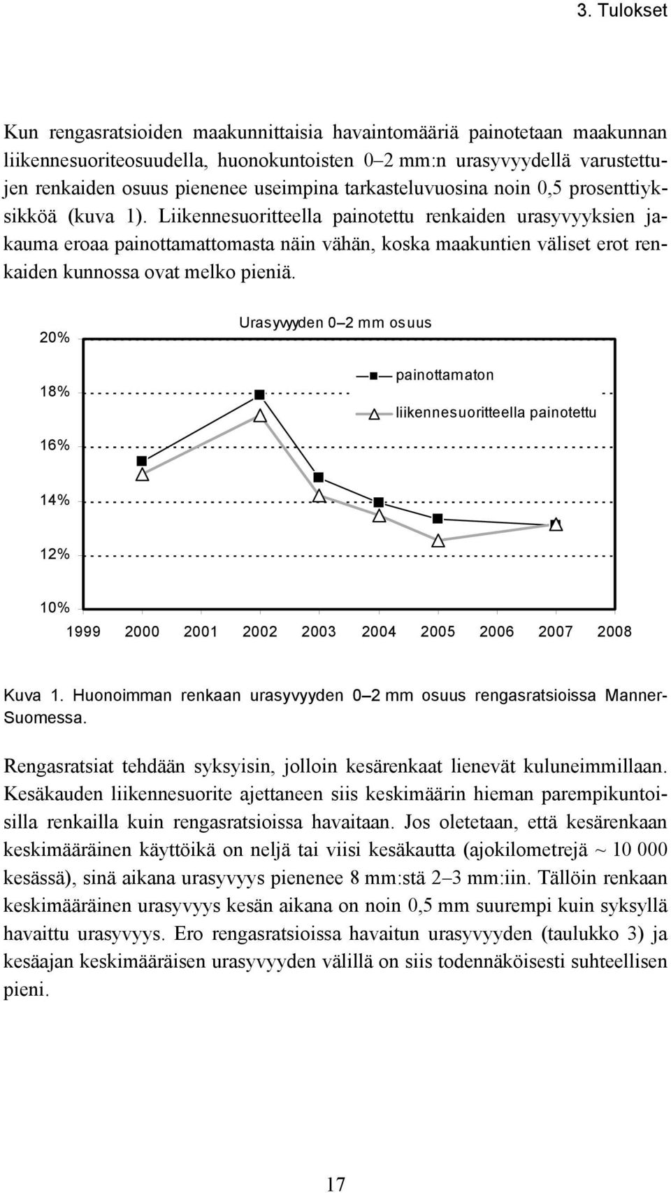 Liikennesuoritteella painotettu renkaiden urasyvyyksien jakauma eroaa painottamattomasta näin vähän, koska maakuntien väliset erot renkaiden kunnossa ovat melko pieniä.