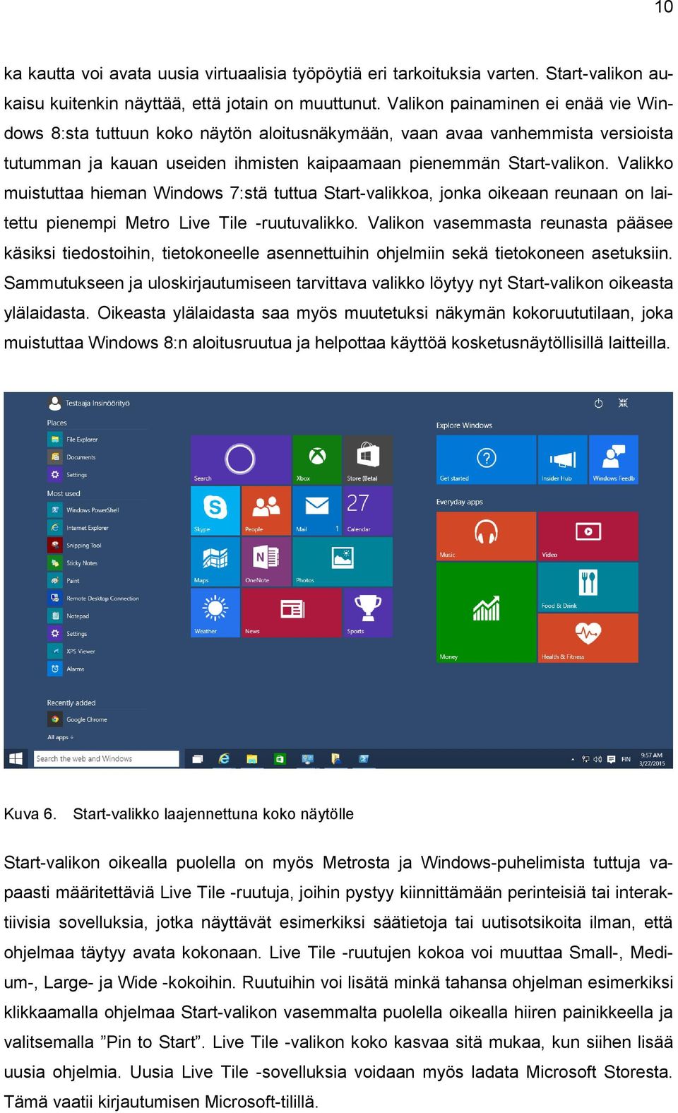 Valikko muistuttaa hieman Windows 7:stä tuttua Start-valikkoa, jonka oikeaan reunaan on laitettu pienempi Metro Live Tile -ruutuvalikko.
