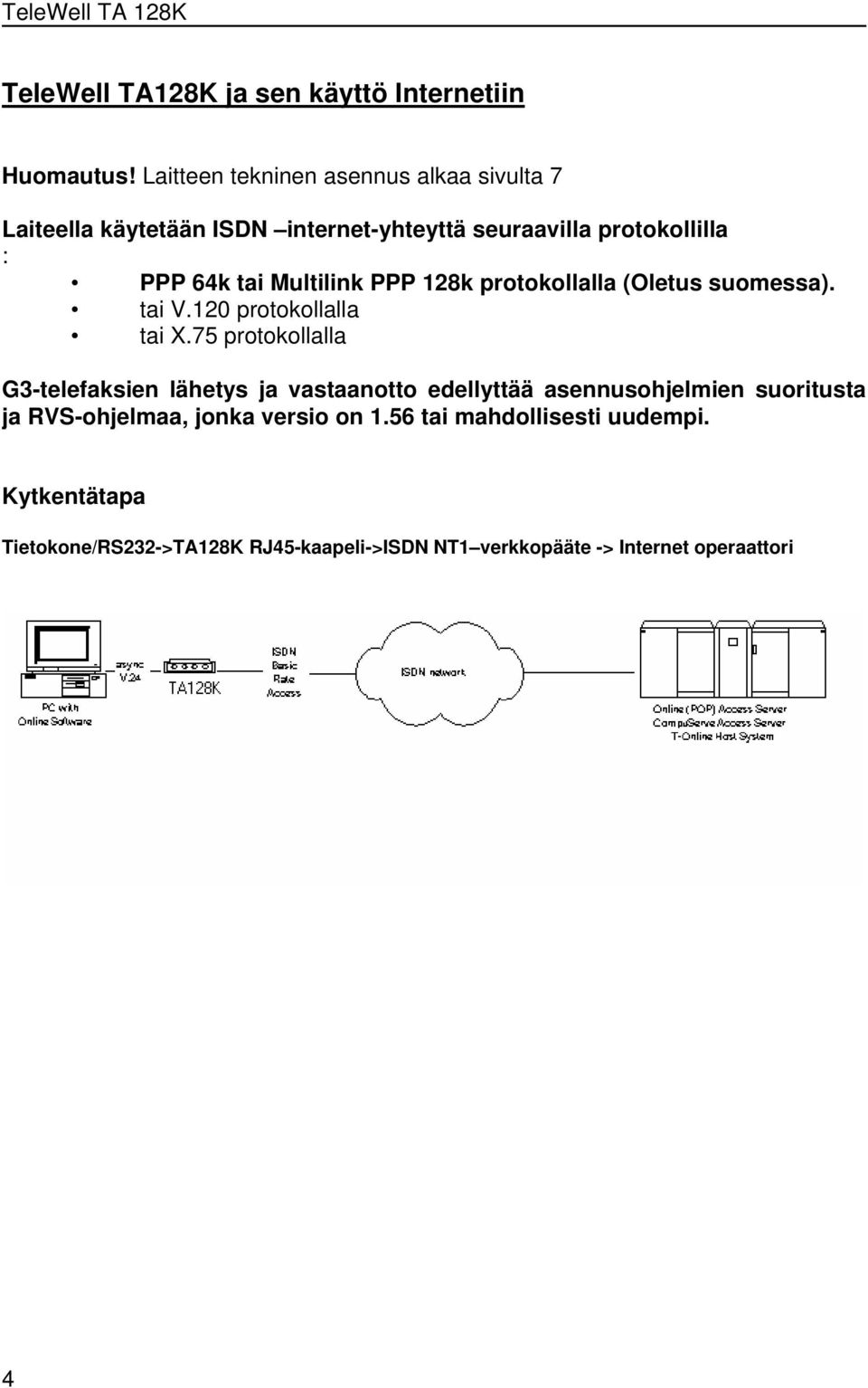 Multilink PPP 128k protokollalla (Oletus suomessa). tai V.120 protokollalla tai X.