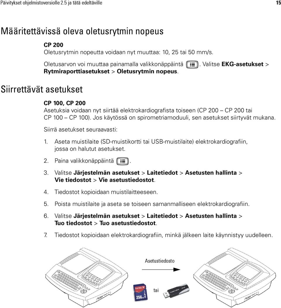 Asetuksia voidaan nyt siirtää elektrokardiografista toiseen (CP 200 CP 200 tai CP 100 CP 100). Jos käytössä on spirometriamoduuli, sen asetukset siirtyvät mukana. Siirrä asetukset seuraavasti: 1.