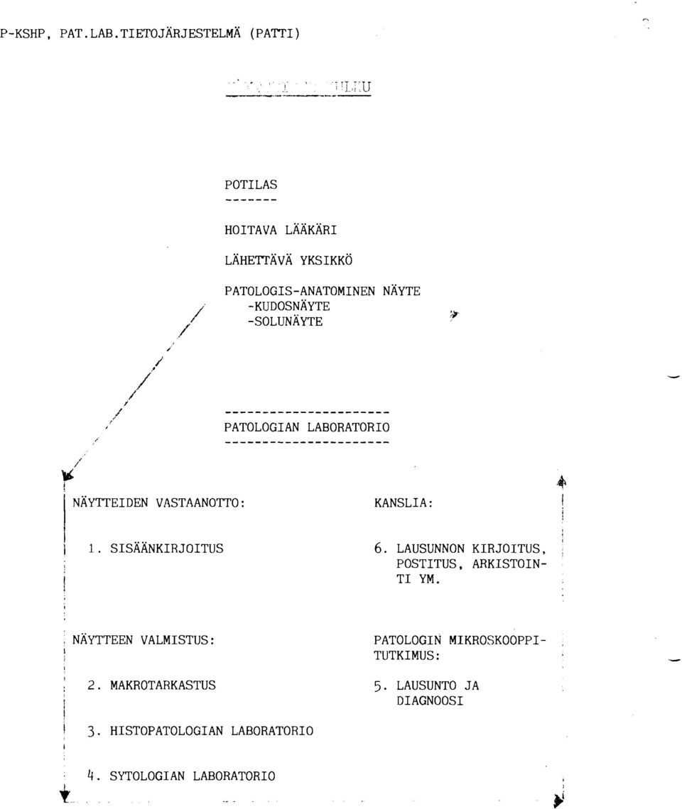 KUDOSNAYTE 9 SOLUNAYTE ;/' f' /' / J..., PATOLOGIAN LABORATORIO NAYTTEIDEN VASTAANOTTO : KANSLIA : 6.