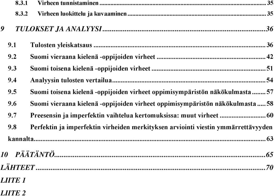 5 Suomi toisena kielenä -oppijoiden virheet oppimisympäristön näkökulmasta... 57 9.6 Suomi vieraana kielenä -oppijoiden virheet oppimisympäristön näkökulmasta... 58 9.