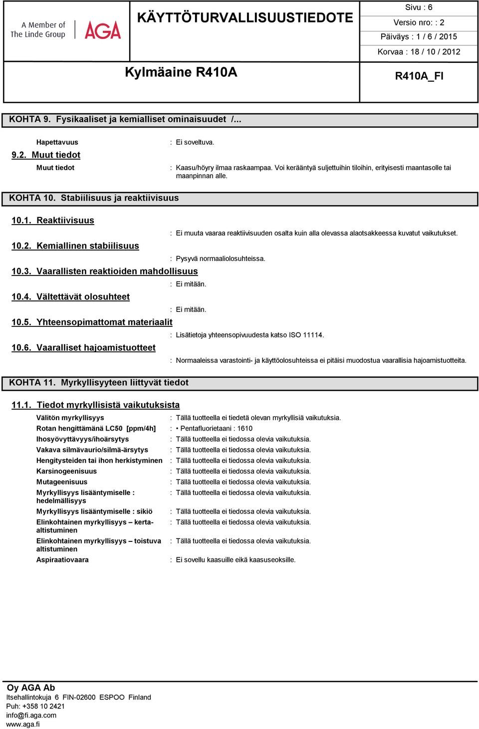 Vaarallisten reaktioiden mahdollisuus 10.4. Vältettävät olosuhteet 10.5. Yhteensopimattomat materiaalit 10.6.