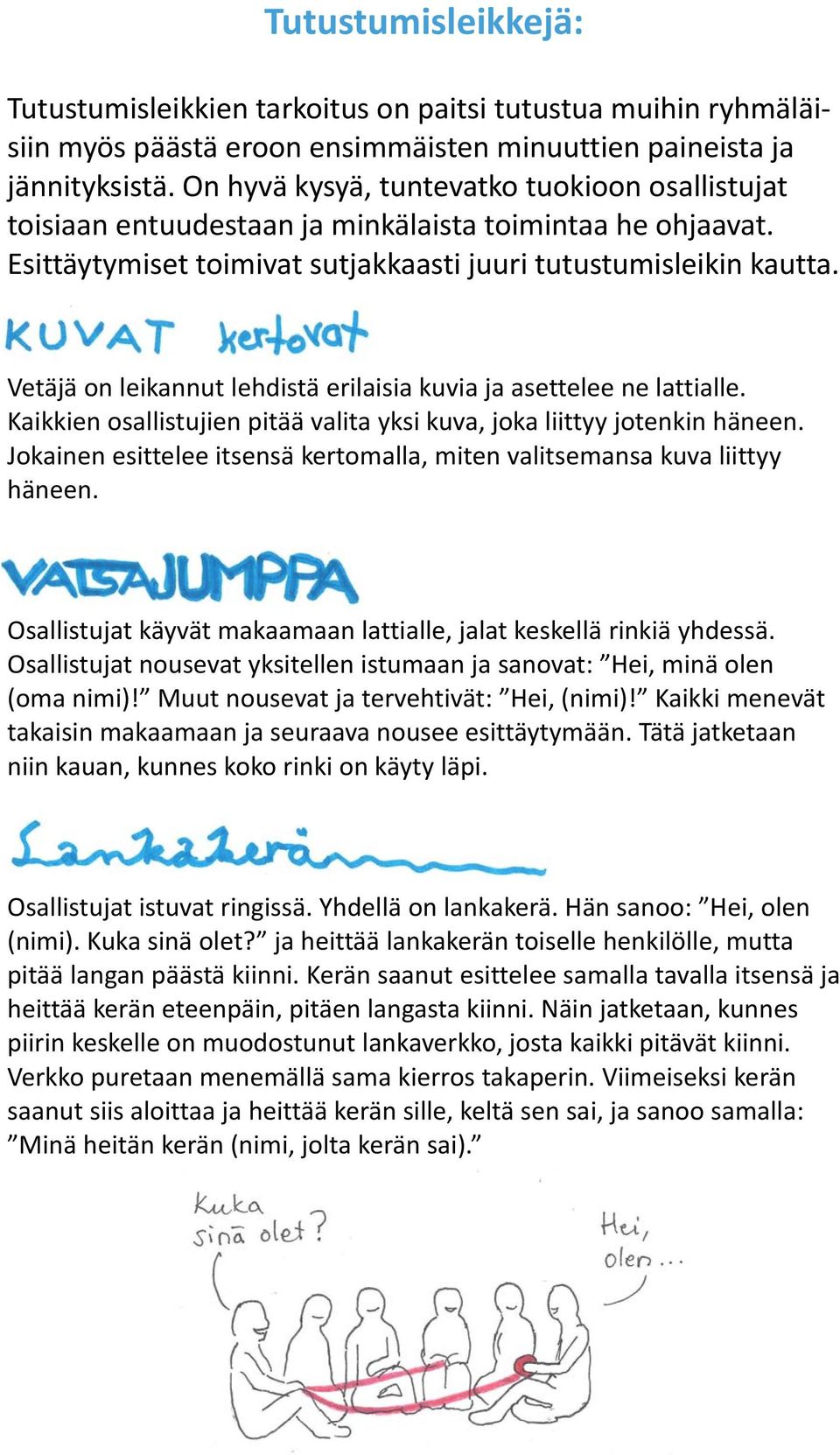 Vetäjä on leikannut lehdistä erilaisia kuvia ja asettelee ne lattialle. Kaikkien osallistujien pitää valita yksi kuva, joka liittyy jotenkin häneen.