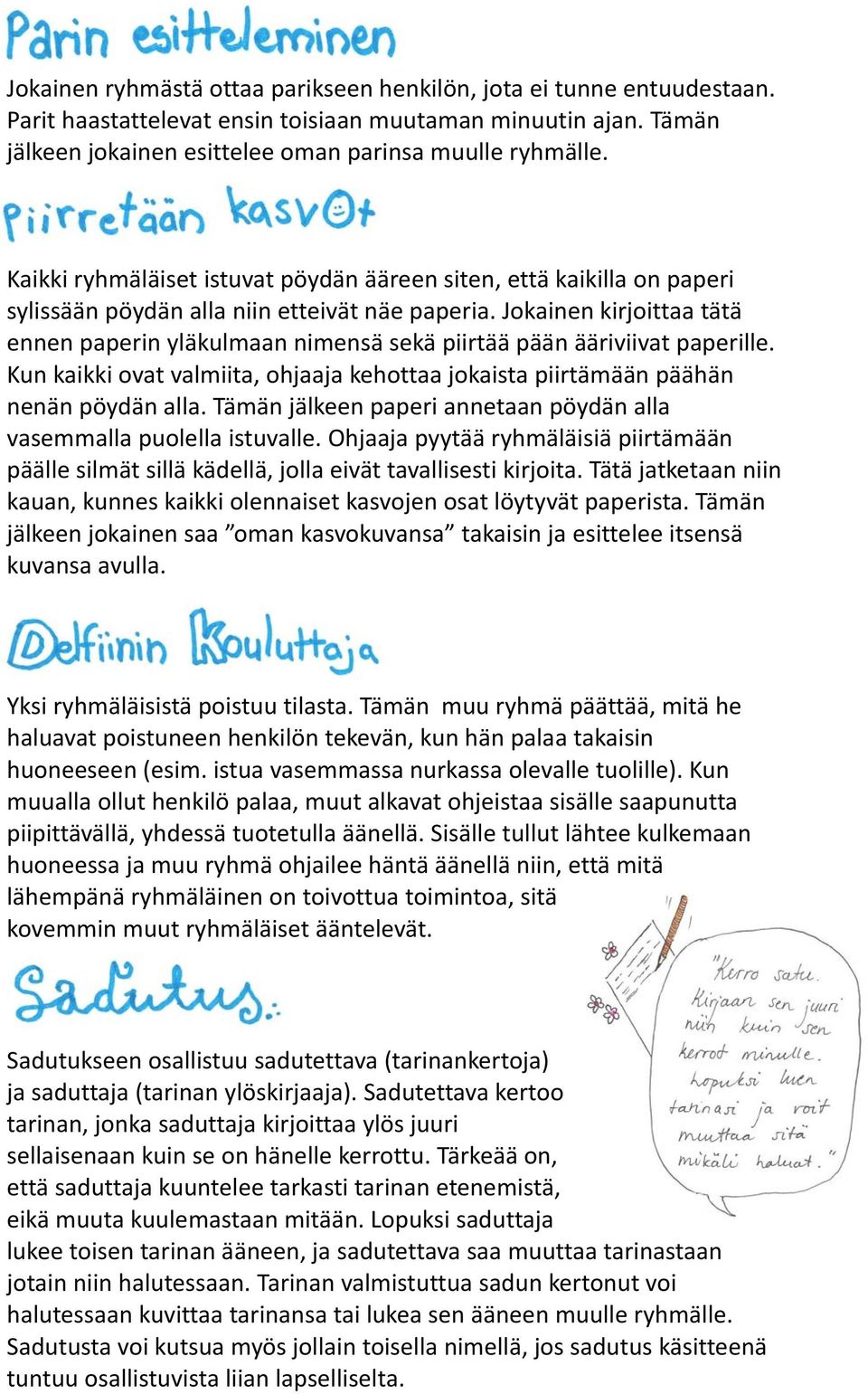 Jokainen kirjoittaa tätä ennen paperin yläkulmaan nimensä sekä piirtää pään ääriviivat paperille. Kun kaikki ovat valmiita, ohjaaja kehottaa jokaista piirtämään päähän nenän pöydän alla.