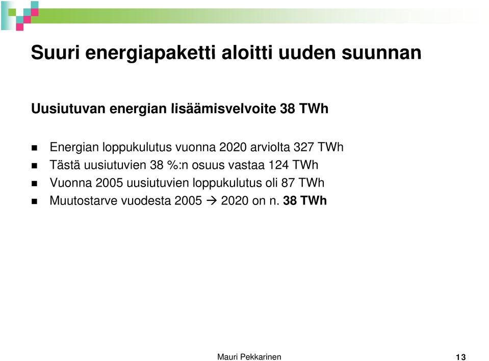 Tästä uusiutuvien i 38 %:n osuus vastaa 124 TWh Vuonna 2005 uusiutuvien
