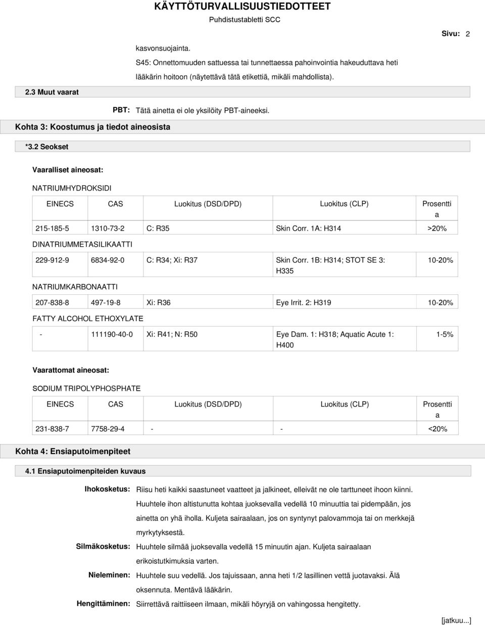 1A: H314 >20% DINATRIUMMETASILIKAATTI 229-912-9 6834-92-0 C: R34; Xi: R37 Skin Corr. 1B: H314; STOT SE 3: H335 10-20% NATRIUMKARBONAATTI 207-838-8 497-19-8 Xi: R36 Eye Irrit.
