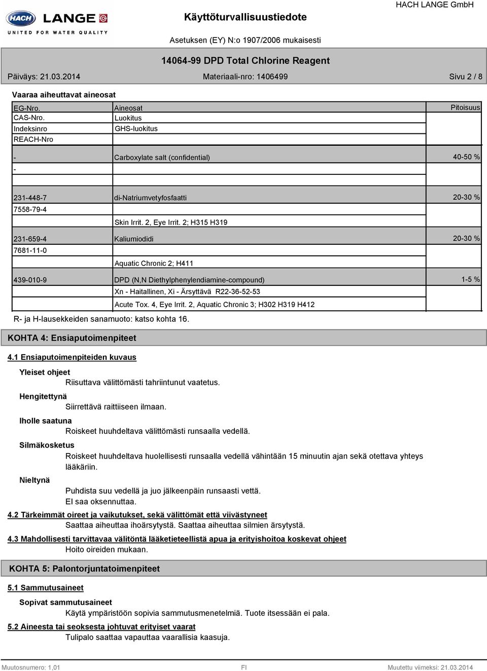 2; H315 H319 Kaliumiodidi Aquatic Chronic 2; H411 2030 % 2030 % 4390109 DPD (N,N Diethylphenylendiaminecompound) Xn Haitallinen, Xi Ärsyttävä R22365253 Acute Tox. 4, Eye Irrit.