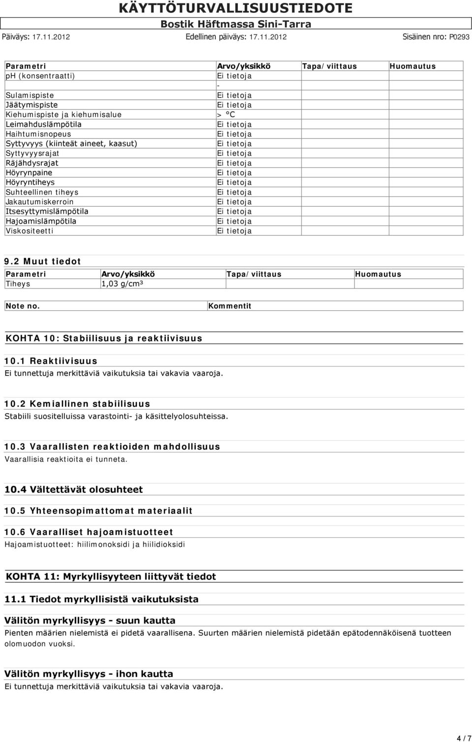 2 Muut tiedot Parametri Arvo/yksikkö Tapa/viittaus Huomautus Tiheys 1,03 g/cm³ Note no. Kommentit KOHTA 10: Stabiilisuus ja reaktiivisuus 10.1 Reaktiivisuus 10.