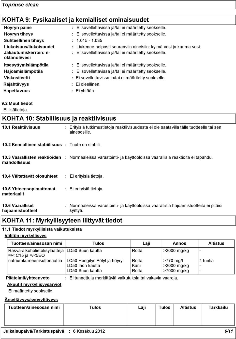 KOHTA 10 Stabiilisuus ja reaktiivisuus 10.1 Reaktiivisuus Erityisiä tutkimustietoja reaktiivisuudesta ei ole saatavilla tälle tuotteelle tai sen ainesosille. 10.2 Kemiallinen stabiilisuus Tuote on stabiili.