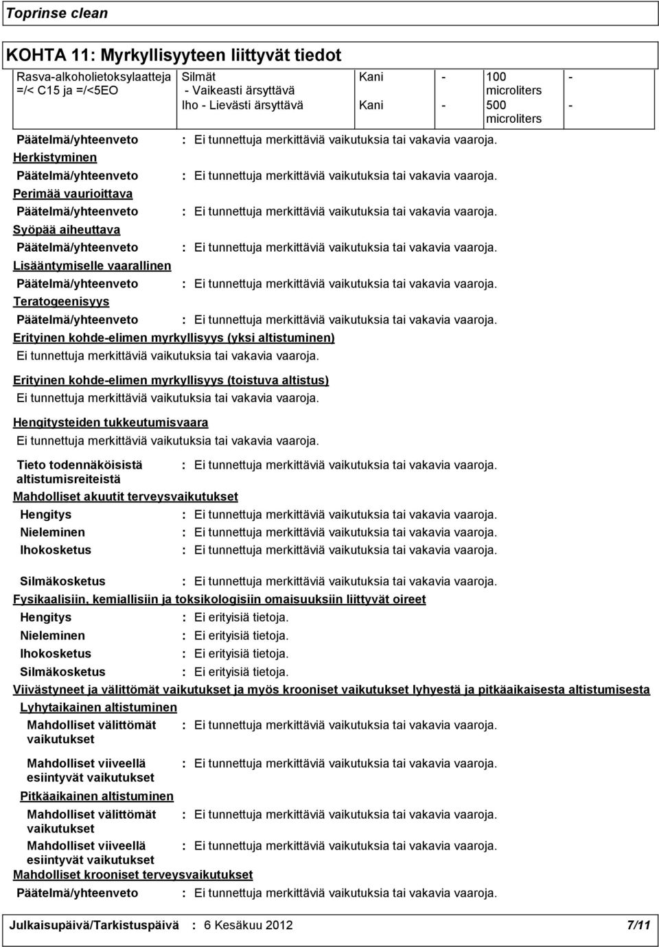 Hengitysteiden tukkeutumisvaara Tieto todennäköisistä altistumisreiteistä Mahdolliset akuutit terveysvaikutukset Hengitys Nieleminen Ihokosketus Silmäkosketus Fysikaalisiin, kemiallisiin ja