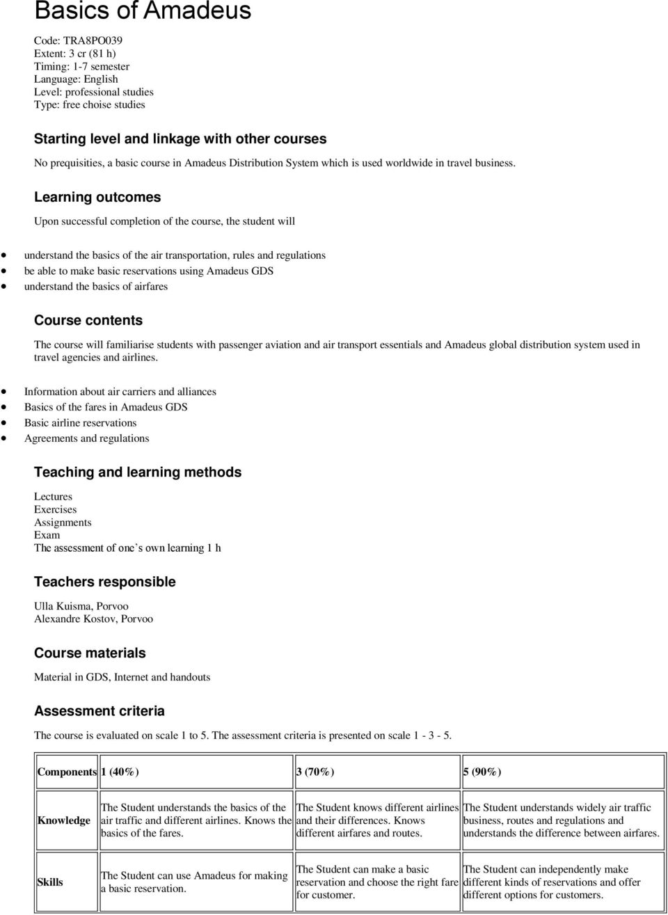 Learning outcomes Upon successful completion of the course, the student will understand the basics of the air transportation, rules and regulations be able to make basic reservations using Amadeus