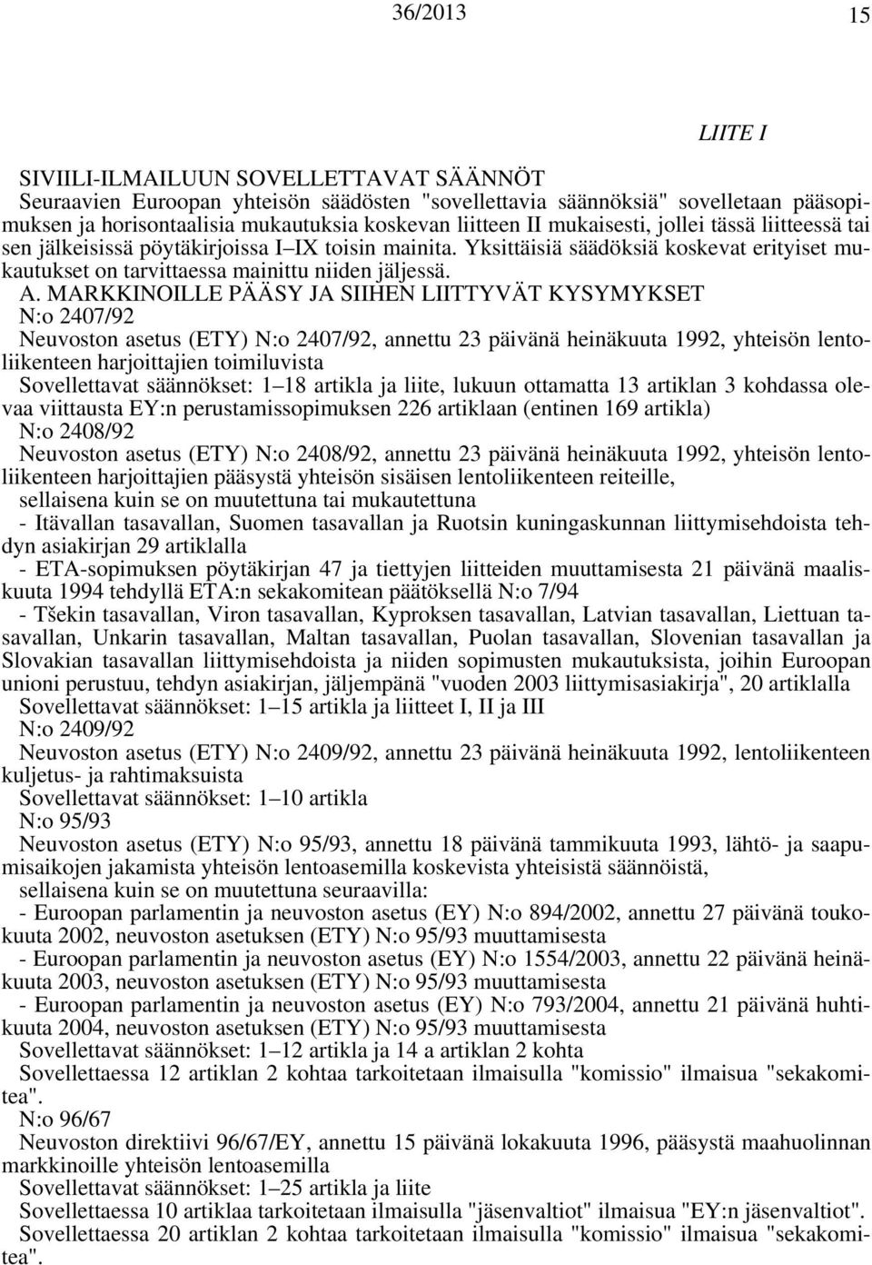 MARKKINOILLE PÄÄSY JA SIIHEN LIITTYVÄT KYSYMYKSET N:o 2407/92 Neuvoston asetus (ETY) N:o 2407/92, annettu 23 päivänä heinäkuuta 1992, yhteisön lentoliikenteen harjoittajien toimiluvista Sovellettavat