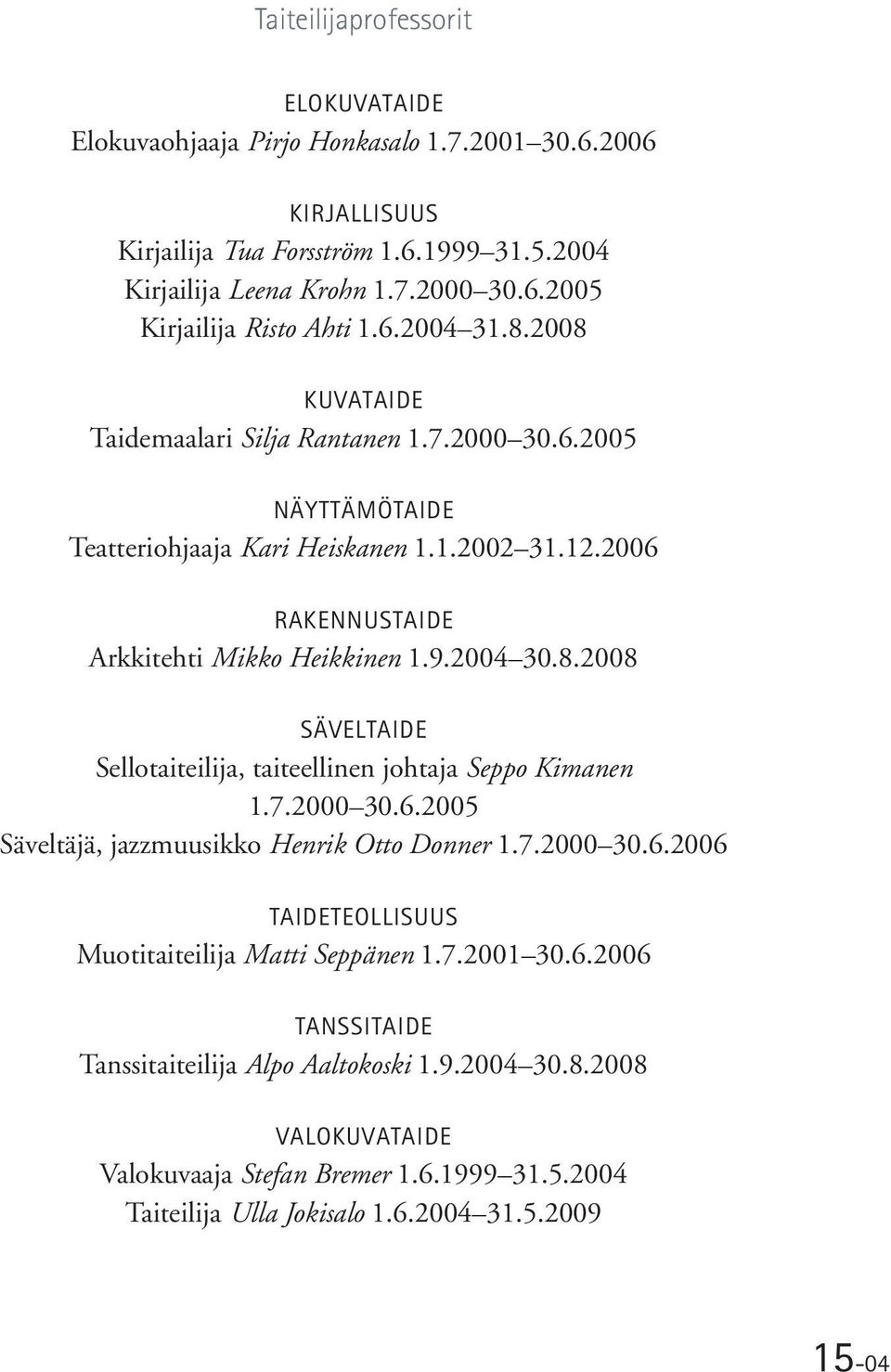 7.2000 30.6.2005 Säveltäjä, jazzmuusikko Henrik Otto Donner 1.7.2000 30.6.2006 TAIDETEOLLISUUS Muotitaiteilija Matti Seppänen 1.7.2001 30.6.2006 TANSSITAIDE Tanssitaiteilija Alpo Aaltokoski 1.9.