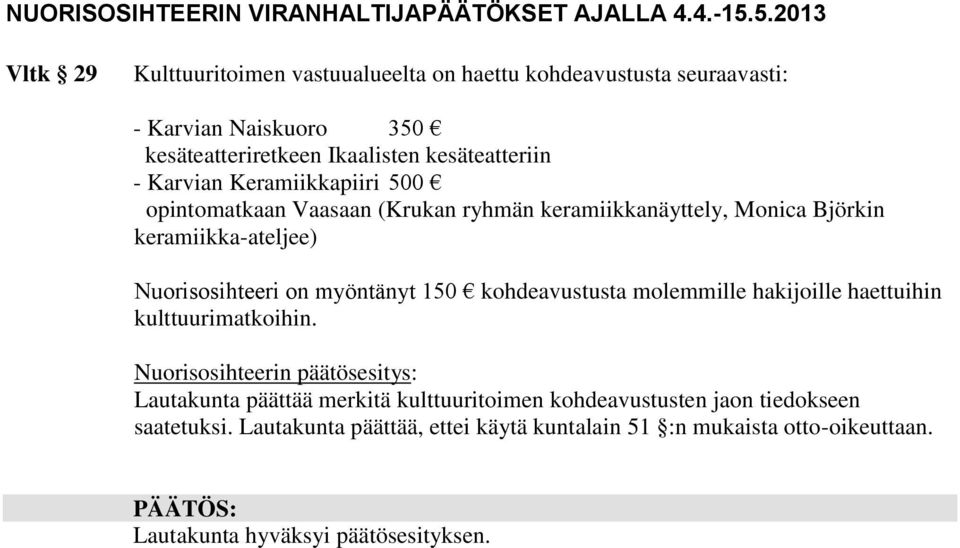 Keramiikkapiiri 500 opintomatkaan Vaasaan (Krukan ryhmän keramiikkanäyttely, Monica Björkin keramiikka-ateljee) Nuorisosihteeri on myöntänyt 150 kohdeavustusta