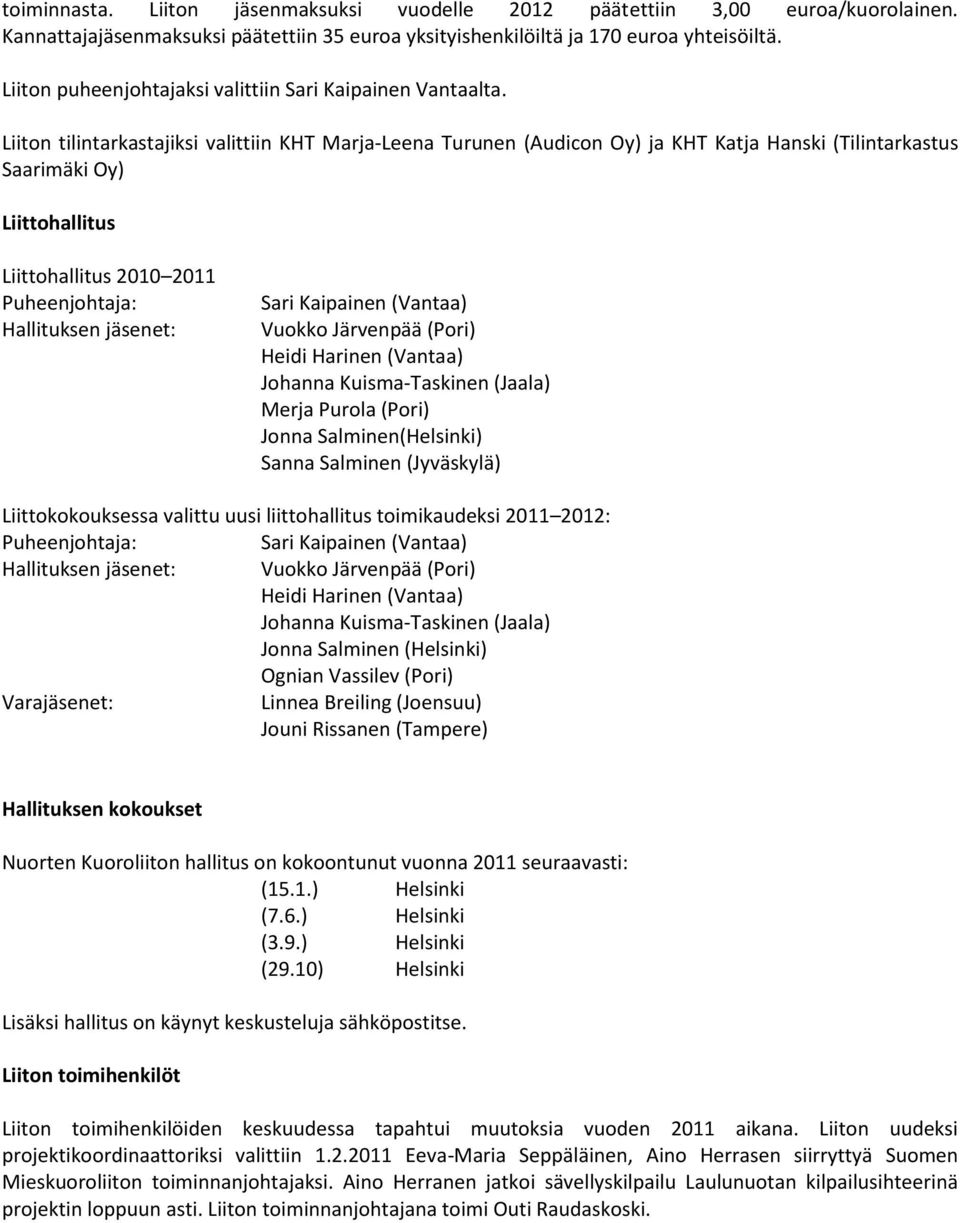 Liiton tilintarkastajiksi valittiin KHT Marja-Leena Turunen (Audicon Oy) ja KHT Katja Hanski (Tilintarkastus Saarimäki Oy) Liittohallitus Liittohallitus 2010 2011 Puheenjohtaja: Hallituksen jäsenet: