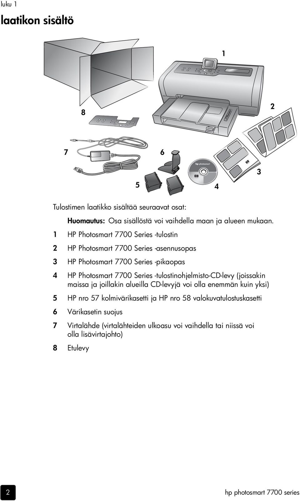 -tulostinohjelmisto-cd-levy (joissakin maissa ja joillakin alueilla CD-levyjä voi olla enemmän kuin yksi) 5 HP nro 57 kolmivärikasetti ja HP nro 58