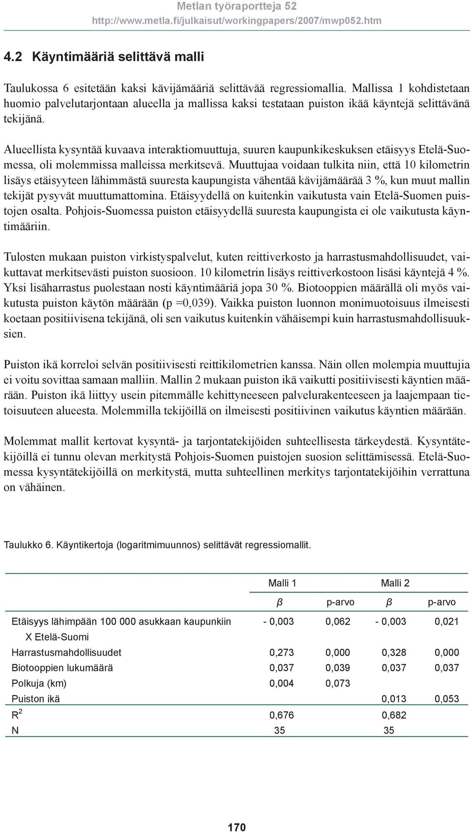 Alueellista kysyntää kuvaava interaktiomuuttuja, suuren kaupunkikeskuksen etäisyys Etelä-Suomessa, oli molemmissa malleissa merkitsevä.