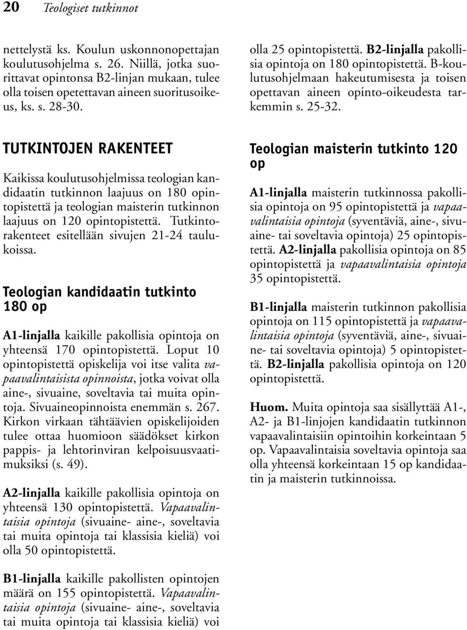 TUTKINTOJEN RAKENTEET Kaikissa koulutusohjelmissa teologian kandidaatin tutkinnon laajuus on 180 opintopistettä ja teologian maisterin tutkinnon laajuus on 120 opintopistettä.