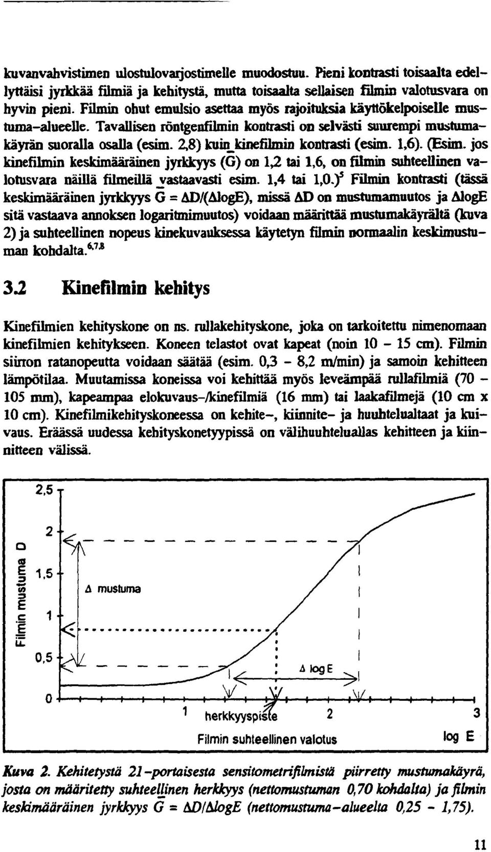 2,8) kuu^kinefilmin kontrasti (esim. 1,6). (Esim. jos kinefilmin keskimääräinen jyrkkyys (G) on 1,2 tai 1,6, on filmin suhteellinen valotusvara näillä filmeillä ^vastaavasti esim. 1,4 tai 1,0.