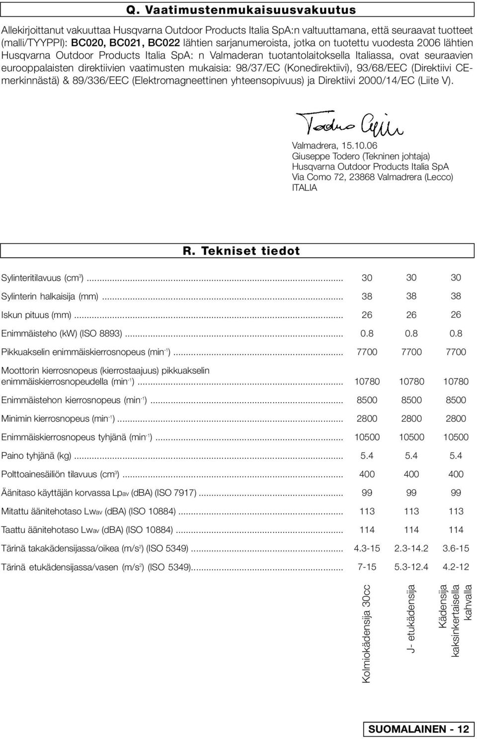 (Konedirektiivi), 93/68/EEC (Direktiivi CEmerkinnästä) & 89/336/EEC (Elektromagneettinen yhteensopivuus) ja Direktiivi 2000/14/EC (Liite V). Valmadrera, 15.10.