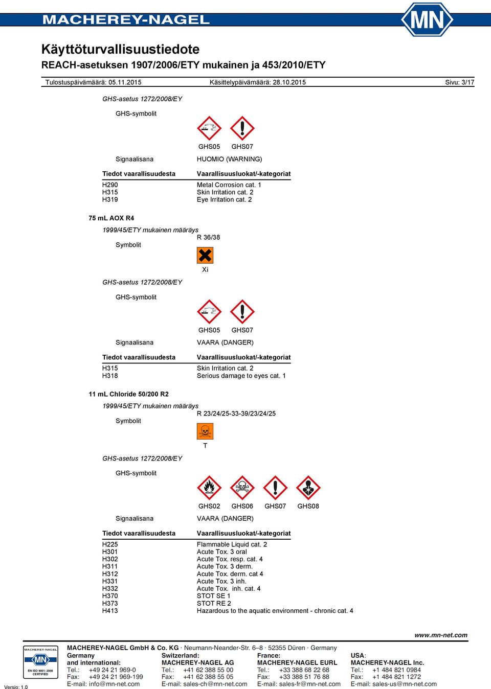 1 11 ml Chloride 50/200 R2 R 23/24/253339/23/24/25 T GHS02 GHS06 GHS07 GHS08 Signaalisana VAARA (DANGER) Tiedot vaarallisuudesta Vaarallisuusluokat/kategoriat H225 Flammable Liquid cat.