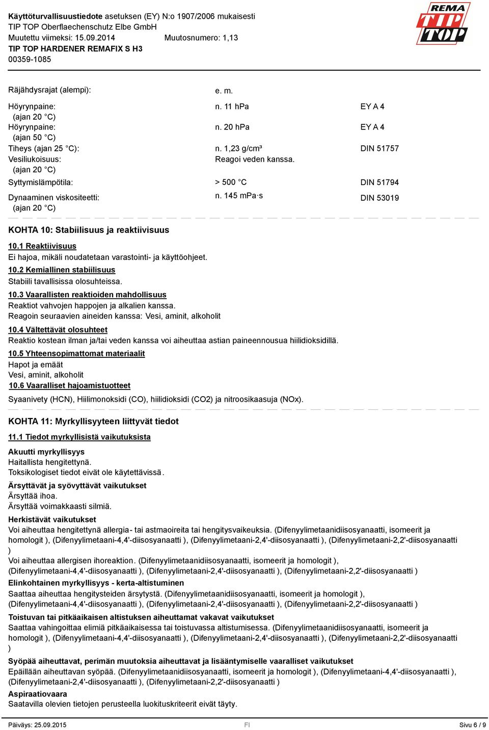 10.3 Vaarallisten reaktioiden mahdollisuus Reaktiot vahvojen happojen ja alkalien kanssa. Reagoin seuraavien aineiden kanssa: Vesi, aminit, alkoholit e. m. > 500 C n. 145 mpa s 10.