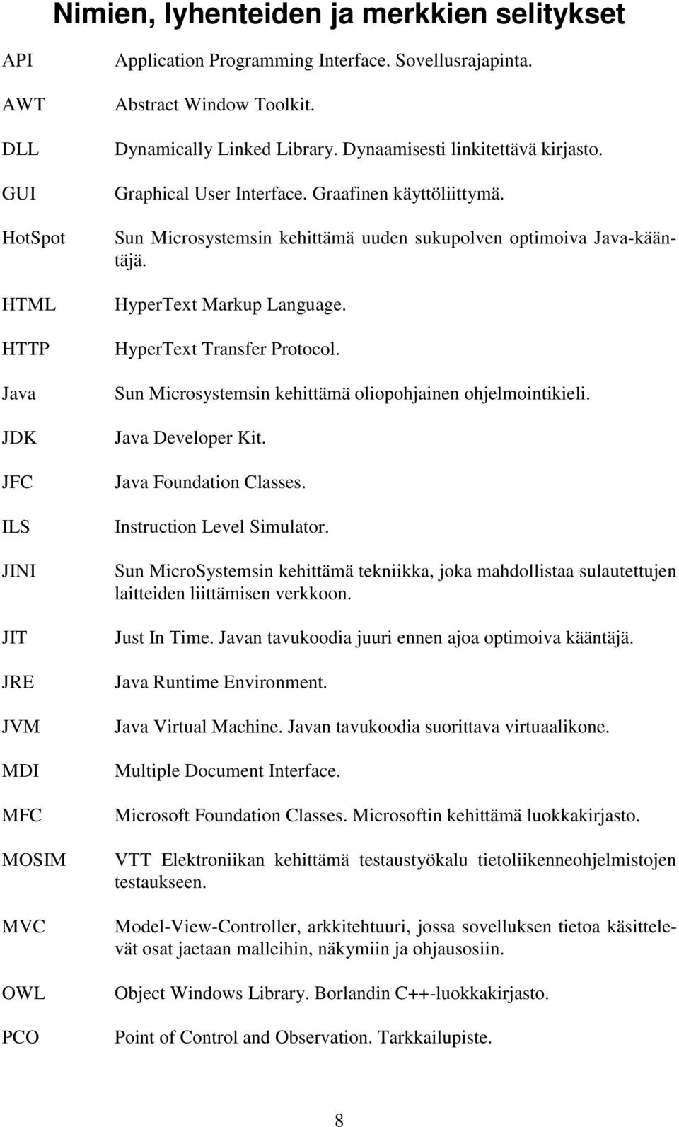 Sun Microsystemsin kehittämä uuden sukupolven optimoiva Java-kääntäjä. HyperText Markup Language. HyperText Transfer Protocol. Sun Microsystemsin kehittämä oliopohjainen ohjelmointikieli.