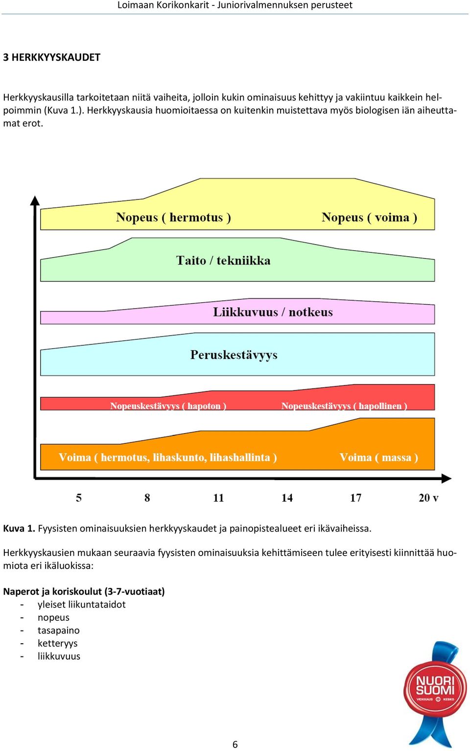 Fyysisten ominaisuuksien herkkyyskaudet ja painopistealueet eri ikävaiheissa.