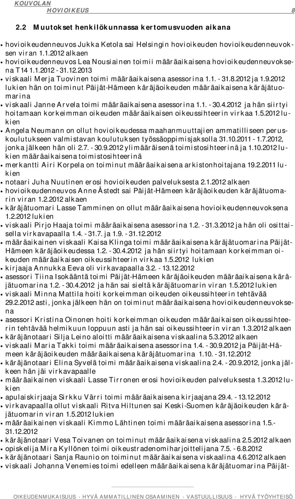 2012 lukien hän on toiminut Päijät-Hämeen käräjäoikeuden määräaikaisena käräjätuomarina viskaali Janne Arvela toimi määräaikaisena asessorina 1.1. - 30.4.