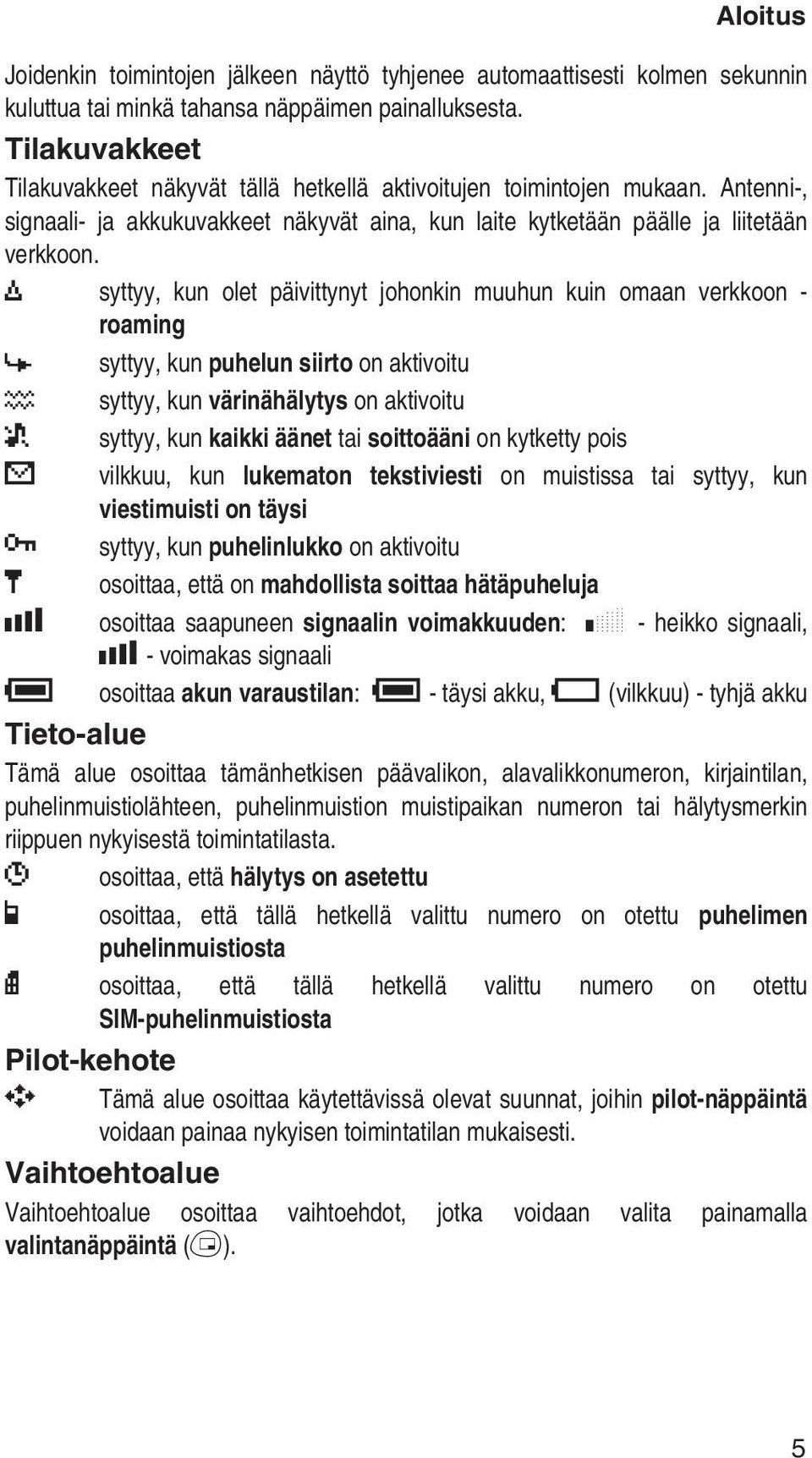 Y syttyy, kun olet päivittynyt johonkin muuhun kuin omaan verkkoon - roaming t syttyy, kun puhelun siirto on aktivoitu ] syttyy, kun värinähälytys on aktivoitu [ syttyy, kun kaikki äänet tai