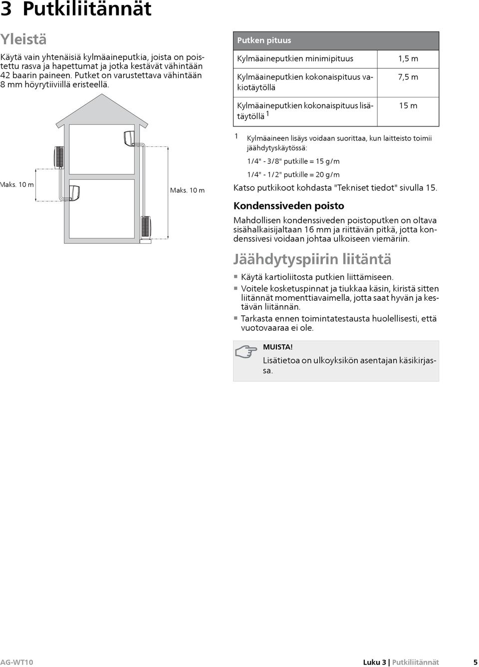 Putken pituus Kylmäaineputkien minimipituus Kylmäaineputkien kokonaispituus vakiotäytöllä Kylmäaineputkien kokonaispituus lisätäytöllä 1 1,5 m 7,5 m 15 m Maks. Max 10 m Max Maks.