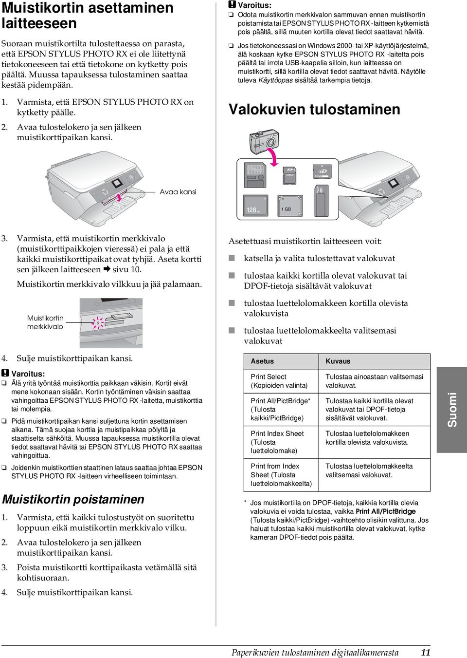 c Varoitus: Odota muistikortin merkkivalon sammuvan ennen muistikortin poistamista tai EPSON STYLUS PHOTO RX -laitteen kytkemistä pois päältä, sillä muuten kortilla olevat tiedot saattavat hävitä.