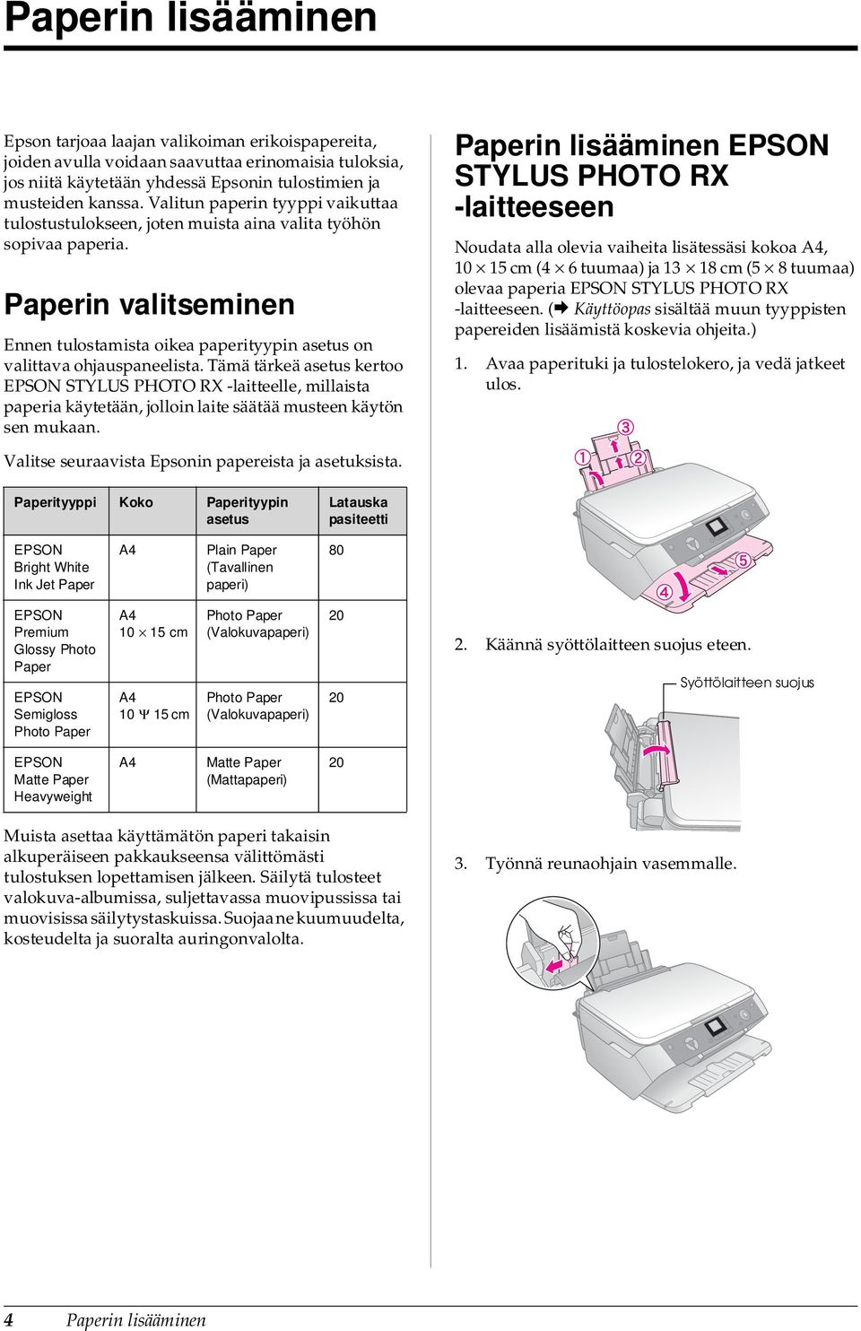 Tämä tärkeä asetus kertoo EPSON STYLUS PHOTO RX -laitteelle, millaista paperia käytetään, jolloin laite säätää musteen käytön sen mukaan.