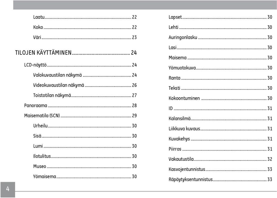 .. 30 Yömaisema... 30 Lapset... 30 Lehti... 30 Auringonlasku... 30 Lasi... 30 Maisema... 30 Yömuotokuva... 30 Ranta... 30 Teksti.