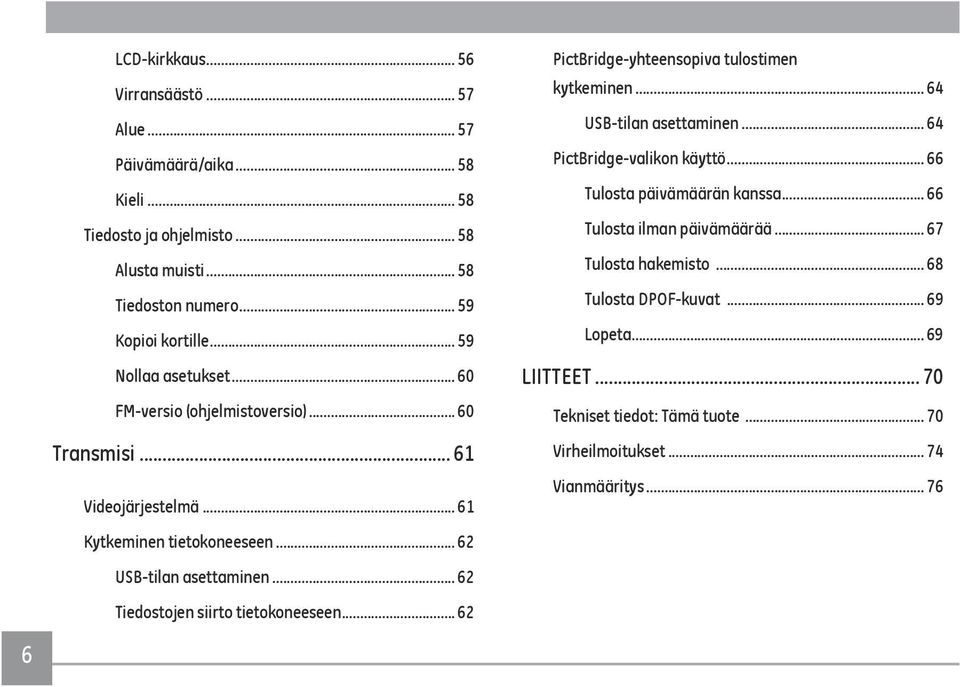 .. 62 Tiedostojen siirto tietokoneeseen... 62 PictBridge-yhteensopiva tulostimen kytkeminen... 64 USB-tilan asettaminen... 64 PictBridge-valikon käyttö.