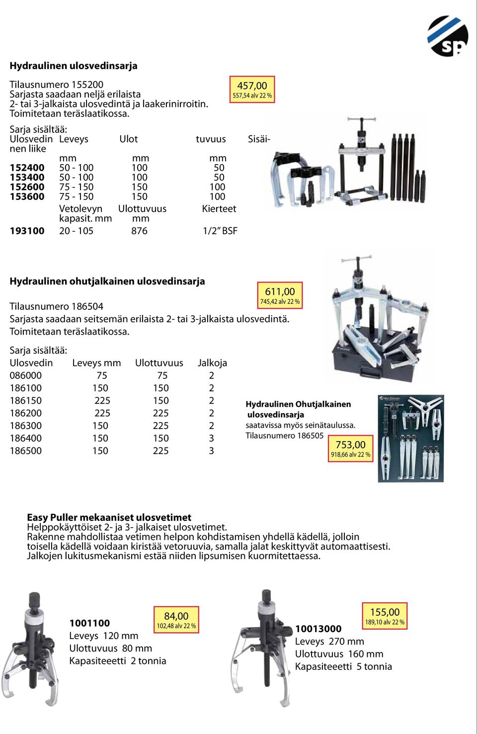 Kierteet kapasit. mm mm 193100 20-105 876 1/2 BSF Hydraulinen ohutjalkainen ulosvedinsarja Tilausnumero 186504 Sarjasta saadaan seitsemän erilaista 2- tai 3-jalkaista ulosvedintä.