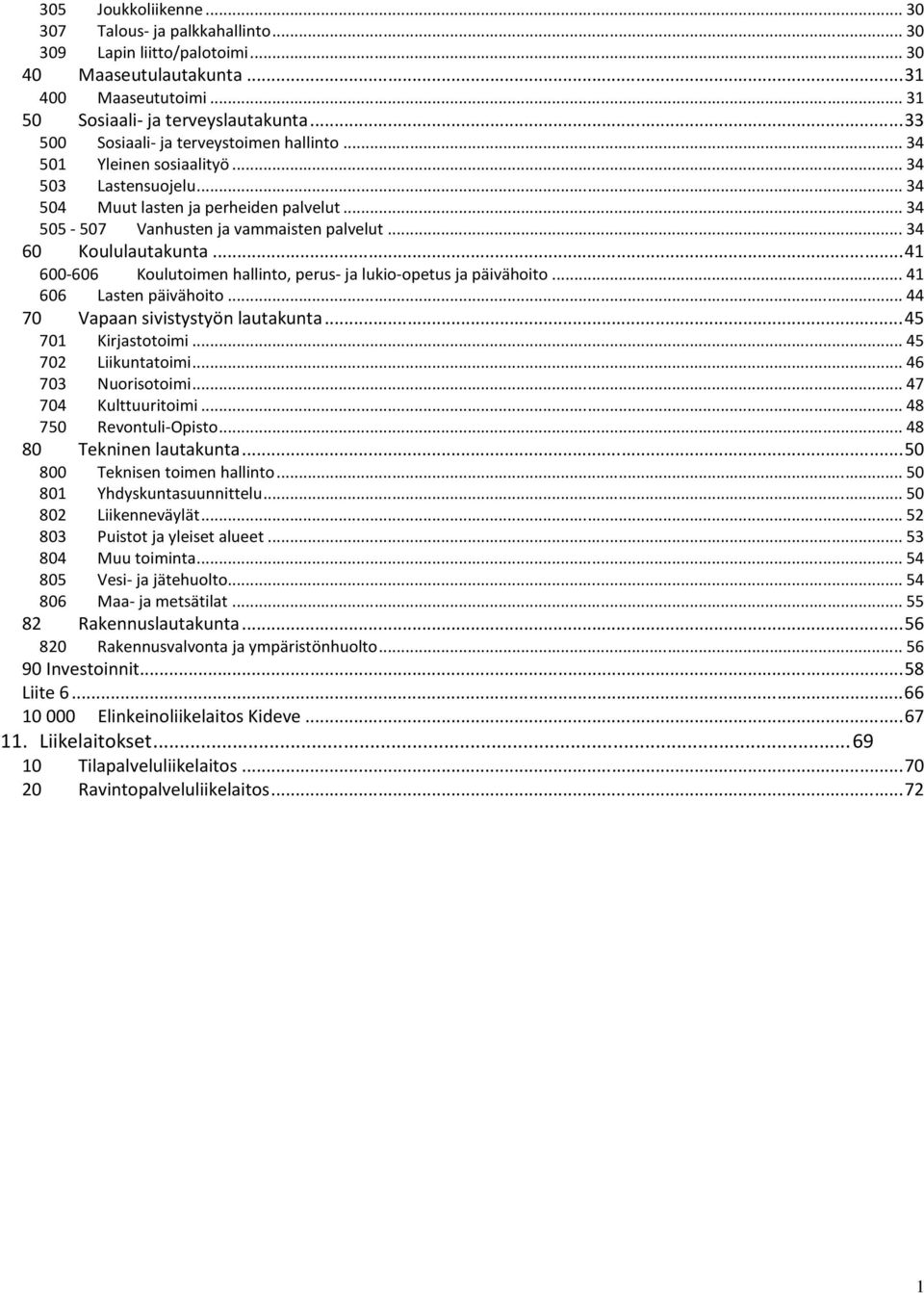 .. 34 60 Koululautakunta... 41 600-606 Koulutoimen hallinto, perus- ja lukio-opetus ja päivähoito... 41 606 Lasten päivähoito... 44 70 Vapaan sivistystyön lautakunta... 45 701 Kirjastotoimi.