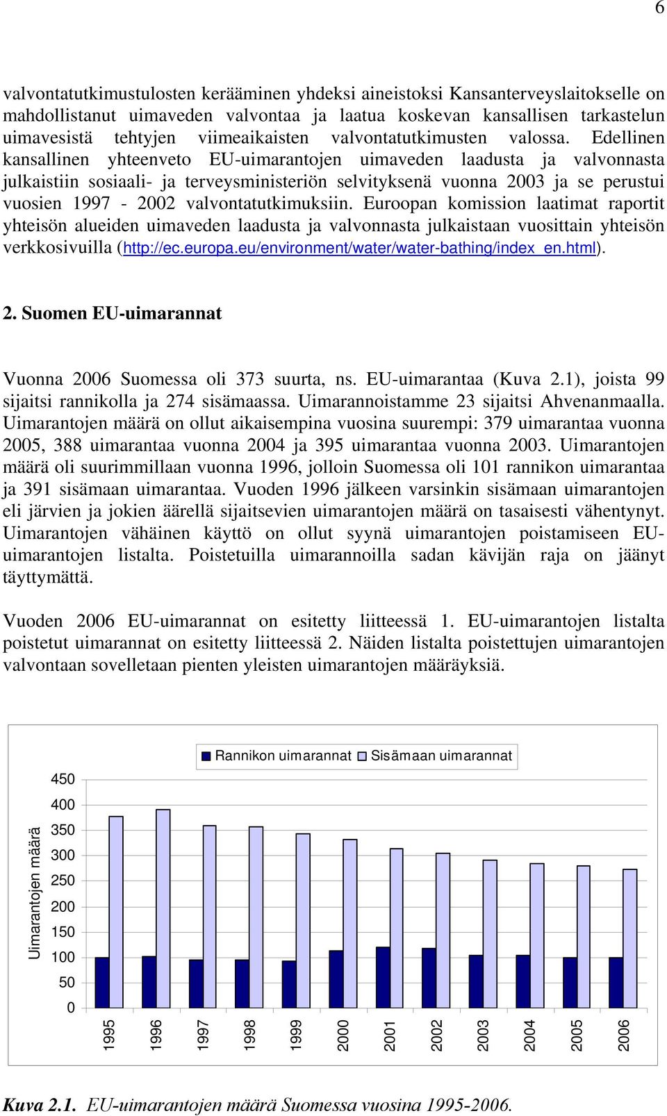 Edellinen kansallinen yhteenveto EU-uimarantojen uimaveden laadusta ja valvonnasta julkaistiin sosiaali- ja terveysministeriön selvityksenä vuonna 2003 ja se perustui vuosien 1997-2002