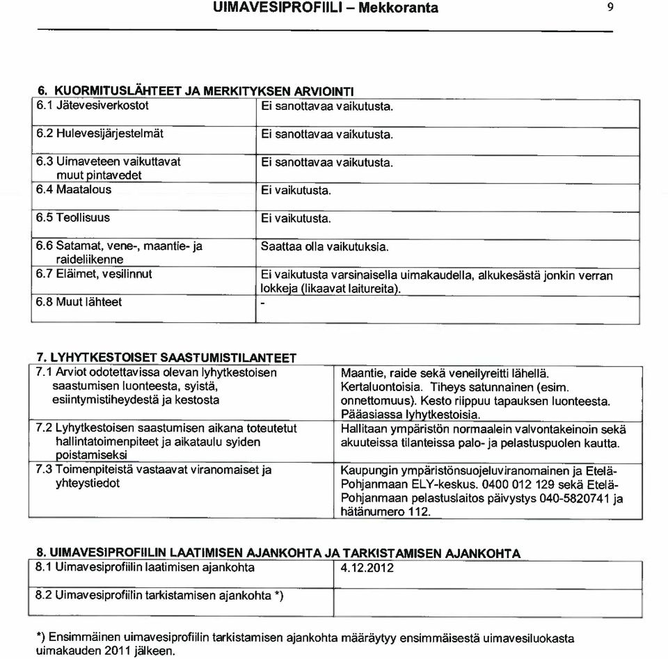 7 Eläimet, vesilinnut Ei vaikutusta varsinaisella uimakaudella, alkukesästä jonkin verran lokkeja (likaavat laitureita). 6.8 Muut lähteet 7. LYHYTKESTOISET SAASTUMISTILANTEET 7.