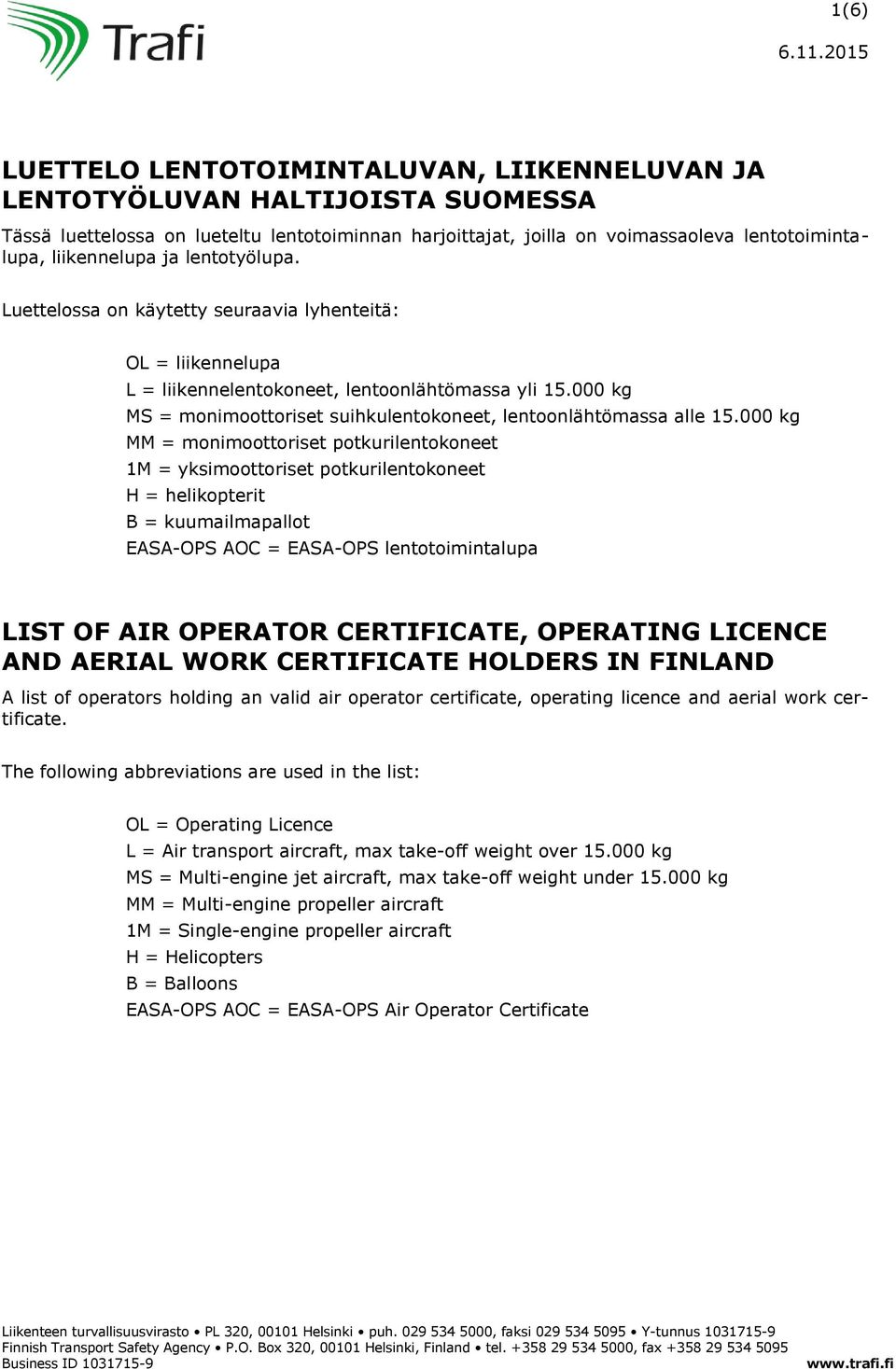 lentotyölupa. uettelossa on käytetty seuraavia lyhenteitä: = liikennelupa = liikennelentokoneet, lentoonlähtömassa yli 15.000 kg MS = monimoottoriset suihkulentokoneet, lentoonlähtömassa alle 15.