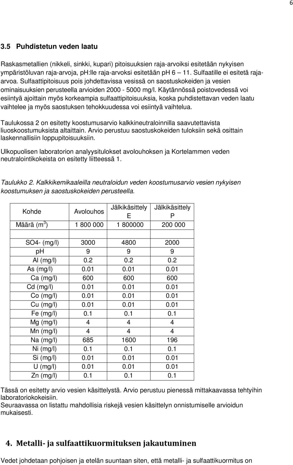 Käytännössä poistovedessä voi esiintyä ajoittain myös korkeampia sulfaattipitoisuuksia, koska puhdistettavan veden laatu vaihtelee ja myös saostuksen tehokkuudessa voi esiintyä vaihtelua.