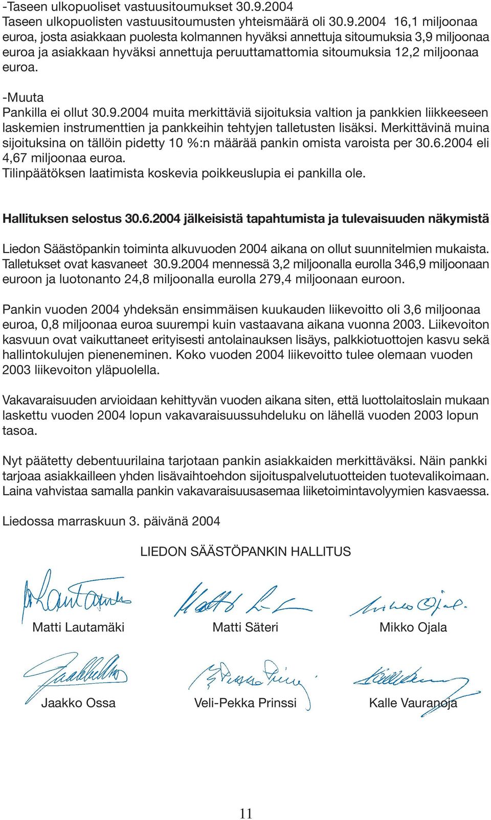 2004 16,1 miljoonaa euroa, josta asiakkaan puolesta kolmannen hyväksi annettuja sitoumuksia 3,9 miljoonaa euroa ja asiakkaan hyväksi annettuja peruuttamattomia sitoumuksia 12,2 miljoonaa euroa.