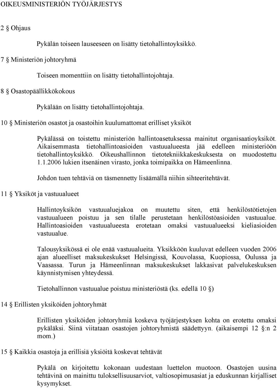 10 Ministeriön osastot ja osastoihin kuulumattomat erilliset yksiköt Pykälässä on toistettu ministeriön hallintoasetuksessa mainitut organisaatioyksiköt.