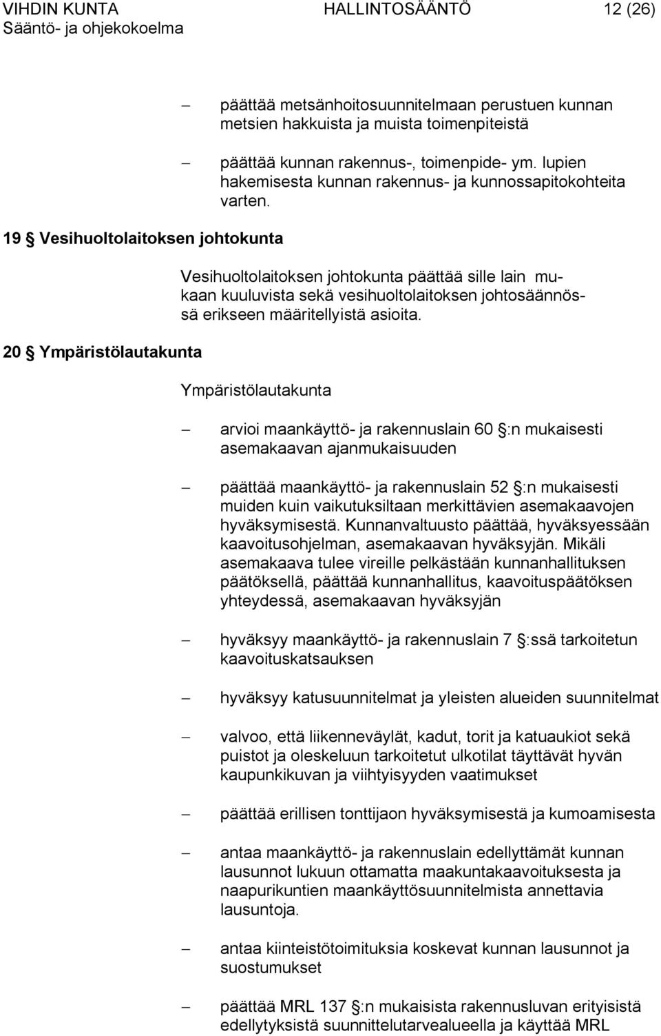 19 Vesihuoltolaitoksen johtokunta 20 Ympäristölautakunta Vesihuoltolaitoksen johtokunta päättää sille lain mukaan kuuluvista sekä vesihuoltolaitoksen johtosäännössä erikseen määritellyistä asioita.